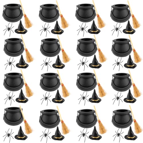 Halloween Mini Witch Cauldron Set with Brooms, Hats, Spiders for Decorations
