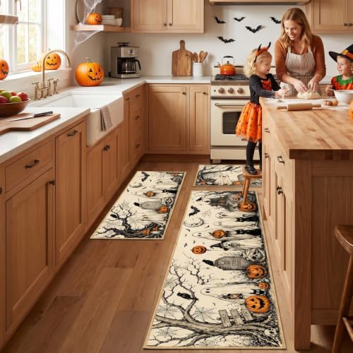 Halloween Kitchen Rug Set of 3 Spooky Ghost Dog Fall Decor Non-Slip Mats