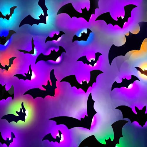 Multicolor 40 Pcs Light Up Bat Wall Decor - 3D Halloween Lighted Bat Stickers