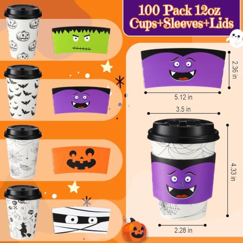Umigy 48 Pack Halloween Bat Style Disposable Coffee Cups 12 oz with Lids & Sleeves