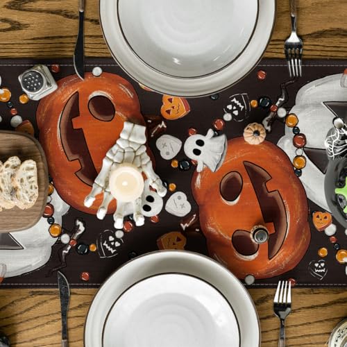 Halloween Jack-O'-Lantern Pumpkin Spooky Table Runner Black 13x72 Inch