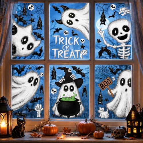 Halloween Window Clings Stickers - Ghosts Skeleton Bats Spider Webs - Black & White - 6 Sheets