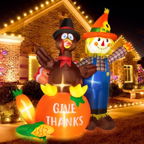6 Ft Outdoor Thanksgiving Inflatable Turkey and Scarecrow Decor