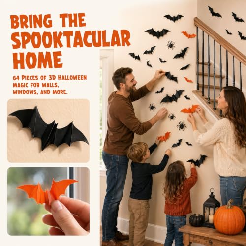 Halloween Wall Stickers - 64PCS 3D Bats & Spiders Reusable Waterproof Decals - Color 1