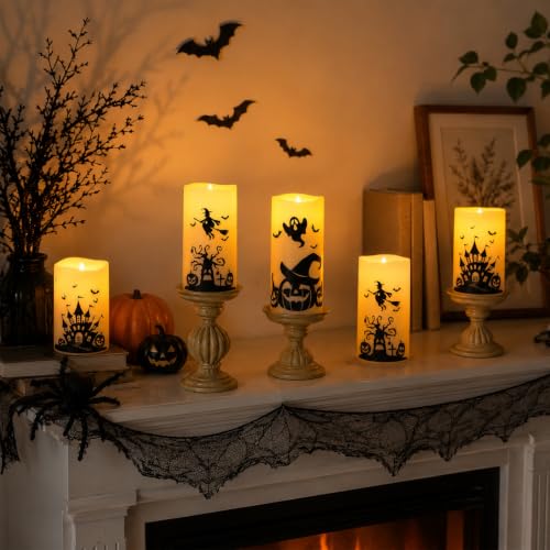 Halloween Flameless Candles with Remote Control - Haunted House & Pumpkin Scene