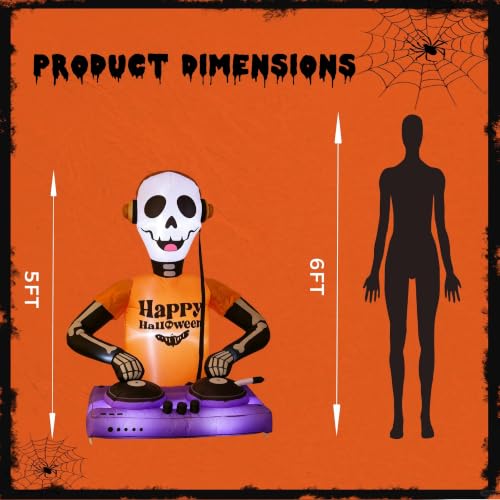 Inflatable DJ Skeleton Halloween Decoration with LED Lights - 5FT, Variation DJ-Skeleton