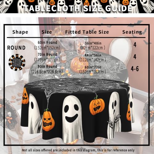 Halloween Black Round Tablecloth 90 Inch Spider Web Ghost Pattern - Party Decor