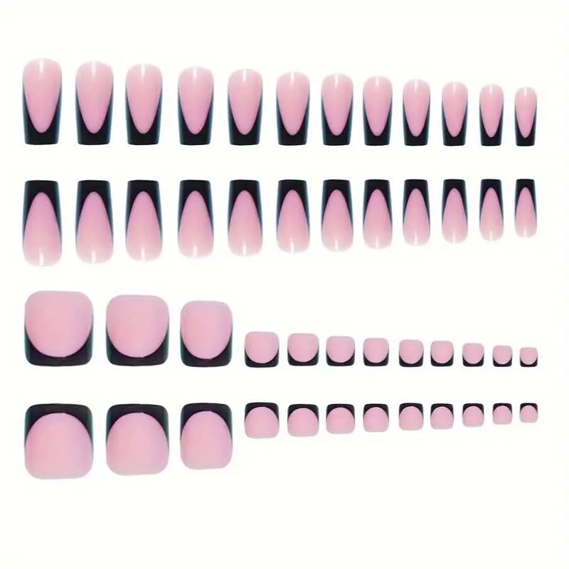 Black French Tip Press On Nails & Toenails Set - Medium Square Fake Nails for Women