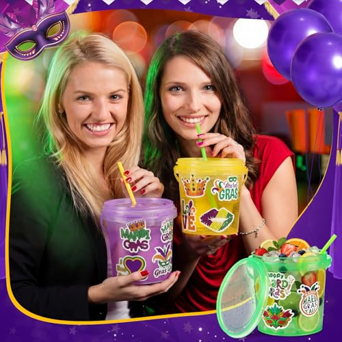 18 Pack 32 oz Mardi Gras Plastic Drink Buckets with Lids & Straws for Parties