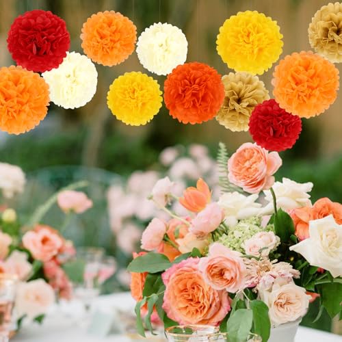Fall Party Decorations Tissue Paper Flowers & Pompoms - Orange & Red - 16PCS