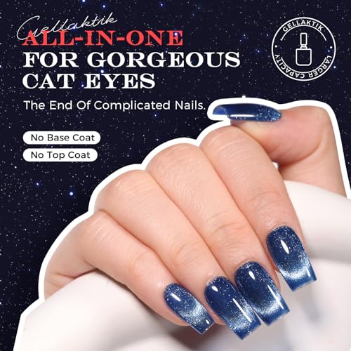 Blue Sparkle Cat Eye Gel Nail Set - No Base or Top Coat Needed, Magnetic Effect