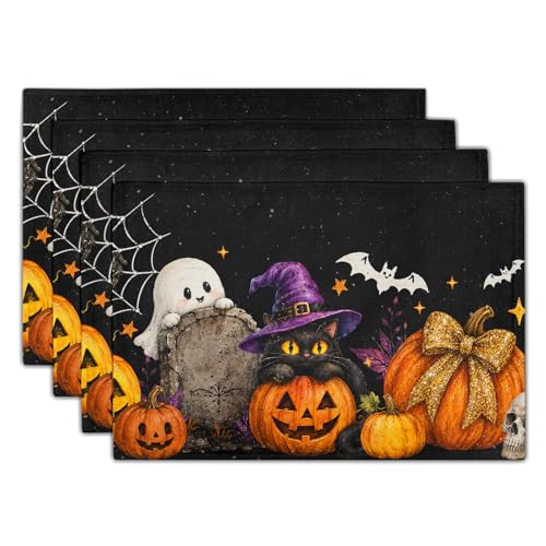 Halloween Placemat Set of 4 - Spooky Ghosts Pumpkins Cats Bats Web Table Mats