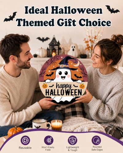 Halloween Wooden Door Sign - Spooky Ghost Pumpkin Bats Decor 12x12 Inches