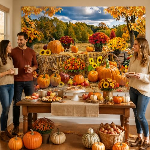 7X5FT Fall Pumpkin Backdrop Autumn Haystack Maple Leaves Photography Background