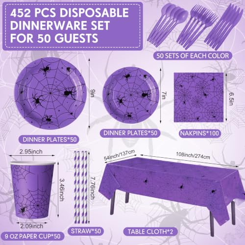 Halloween Spider Web Party Supplies Set - Purple & Black, 452 pcs for 50 Guests