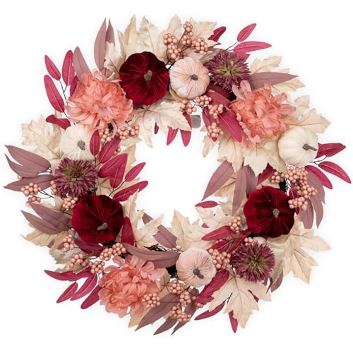 Artificial Fall Wreath with Velvet Pumpkins & Pink Maple Leaves - Red 26 Inch