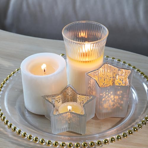 Frosted White Star Candle Holders Set - 10 Pcs Silver Ribbed Votives for Weddings & Holiday Decor