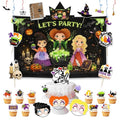 Halloween Witch Party Decorations Set with Backdrop, Masks, Headbands, Cupcake Toppers & Photo Booth Props