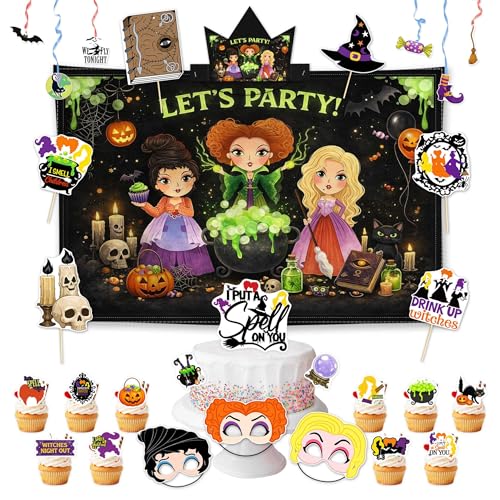Halloween Witch Party Decorations Set with Backdrop, Masks, Headbands, Cupcake Toppers & Photo Booth Props