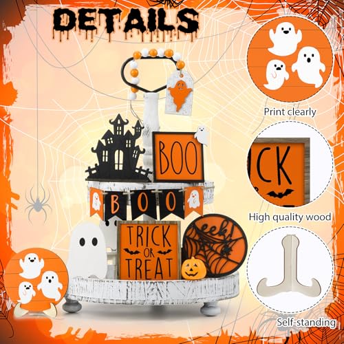Umigy 15-Piece Halloween Tiered Tray Decor Set - Orange Ghost Wooden Signs Boo