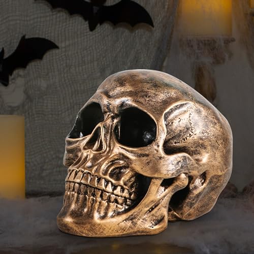 Halloween Skull Statues Set of 2 - Resin Skeleton Heads for Indoor Decor, Gold & White, 7.7 Inch