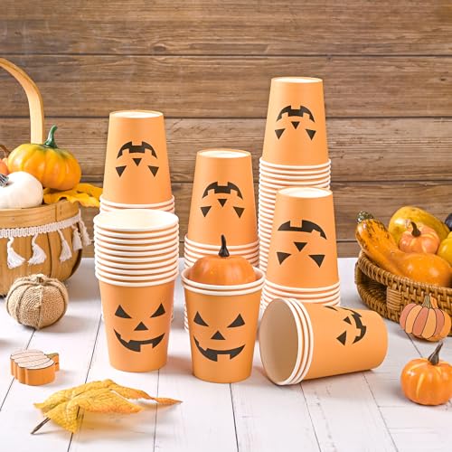 Halloween Pumpkin Cups 100Pcs - Jack O Lantern Disposable 9oz Party Drinkware