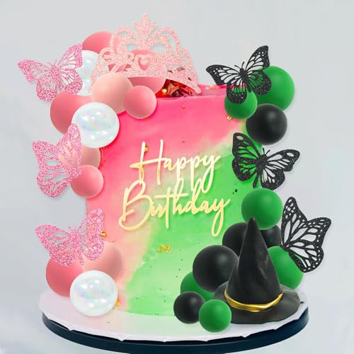 Witch Cake Topper Set with Crown Butterfly Hat and Ball Decorations for Halloween Party