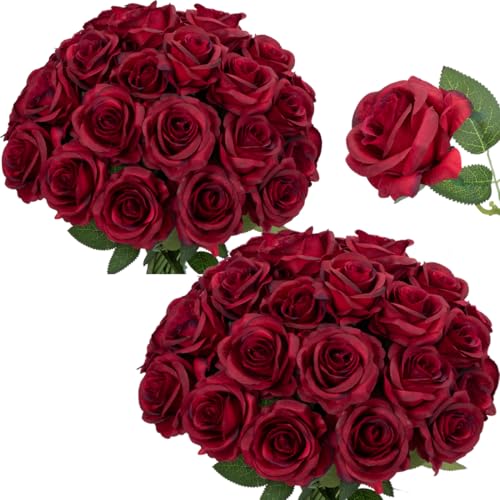 Artificial Roses Flowers Bulk Set - Gradient Burgundy Silk Long Stems for Wedding & Home Decor (50 Pieces)