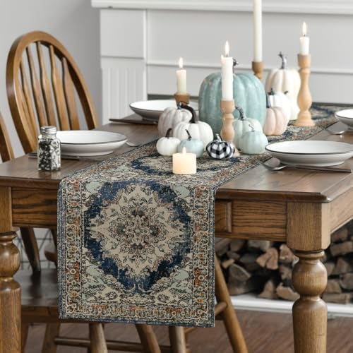 Black Boho Table Runner 13x72 Inch - Farmhouse Rustic Fall Kitchen Decor - Gray Variation
