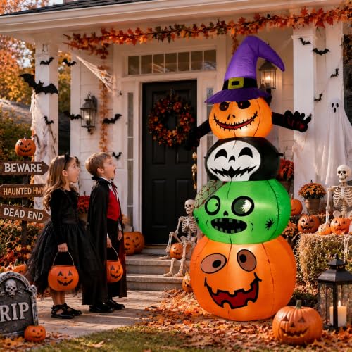 Halloween Stacked Pumpkins Inflatable Yard Decor with Lights - Spooky Outdoor Halloween Decoration
