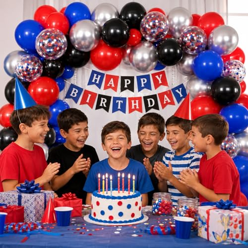 Red Blue Black Silver Balloons Set - 60PCS Party Decorations with Confetti Balloons & Ribbon