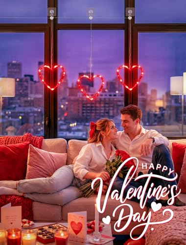 Valentine's Day Heart Window Lights - Red 30 LED Battery & USB Powered, Timer