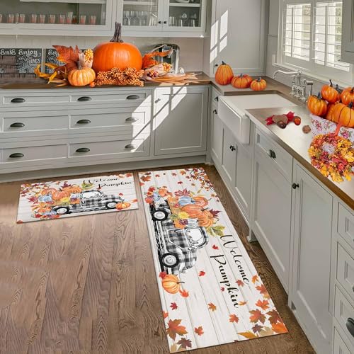 Autumn Pumpkin Welcome Mat Set of 2 - Rectangular Fall Kitchen Rugs 1'5" x 3'11"
