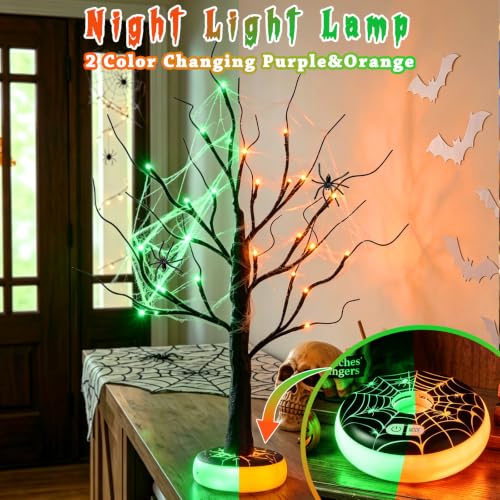 Green & Orange Halloween Spooky Tree Lighted Decor with 3D Spider Base
