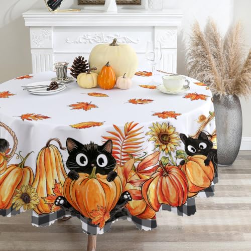 Fall Round Tablecloth 70 Inches with Black Cat Variation - Autumn Pumpkins Fade-Resistant