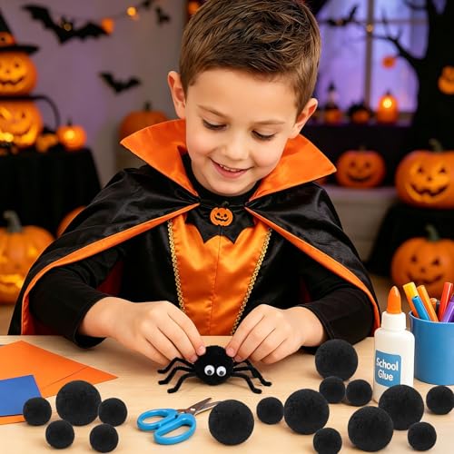 Black Yarn Pom Poms Set - Large & Small DIY Craft Decor, 60 Pieces