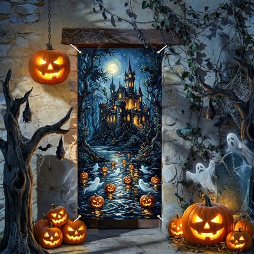 Halloween Door Cover Decorations - Spooky Pumpkin & Ghost Banner 35.5x72 Inch