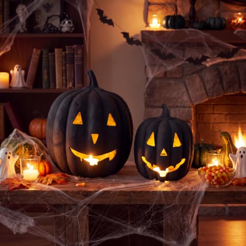 Halloween Paper Mache Jack O'Lantern Set - Black, 2 Indoor Pumpkins with LED Lights