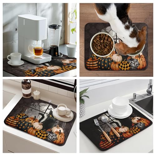 Halloween Black Cat Dish Drying Mat - Fall Pumpkin Kitchen Absorbent Microfiber 18x24