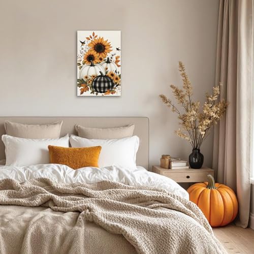 Fall Pumpkin Wall Art with Flowers - 18x12 Inches Farmhouse Canvas Print - Black Frame