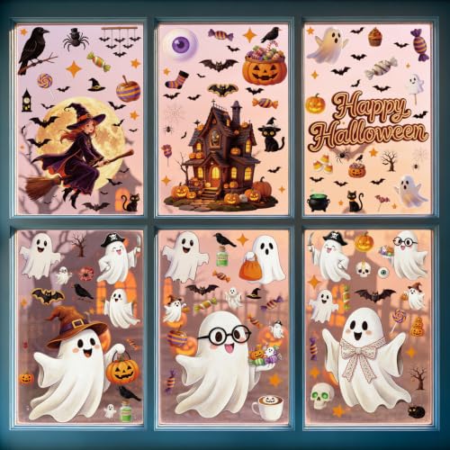Halloween Window Clings Decor - Ghost Pumpkin Bat Skull Spider Web Decals Set