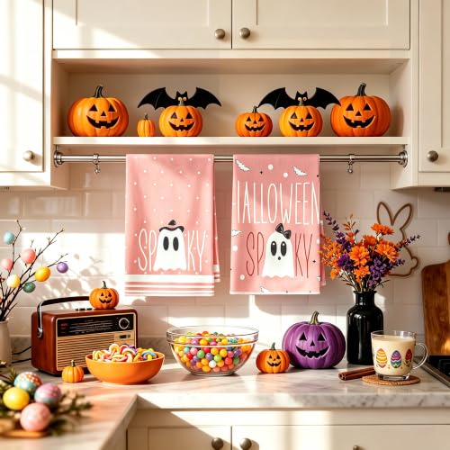 Pink Ghost Halloween Kitchen Towels Set - Fall Spooky Dishcloths, 2 Pack
