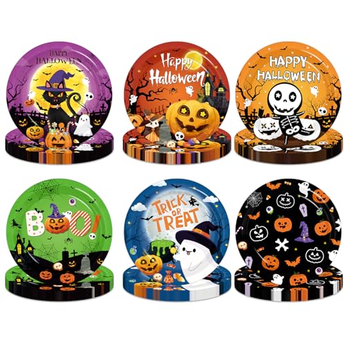 Halloween Paper Plates 9 Inch 60 Pack - Trick or Treat Boo Pumpkin Black Cat Spider
