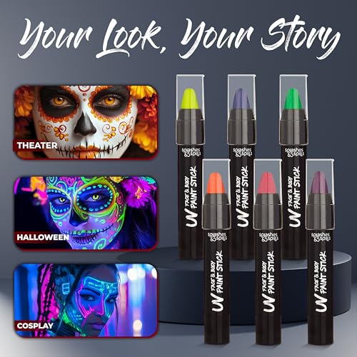 UV Face & Body Paint Sticks - Glow Under UV Light for Raves & Costumes - 6 Colors