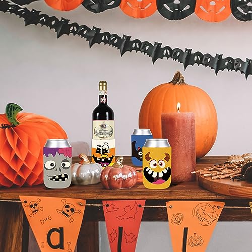 Halloween Can Sleeves Set with Cute Pumpkin Bat Ghost Cat Designs - Reusable Insulated Beverage Covers