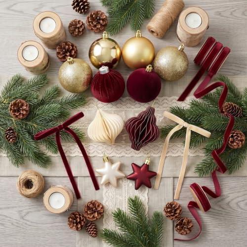 Burgundy & Gold Christmas Ornaments Set - Holiday Tree Decorations 45 Pieces
