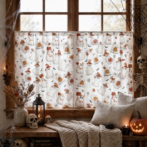 2-Pack White Tier Curtains for Window 52x36 Inches - Bat Ghost Pumpkin Halloween Decor Variation of THIS listing