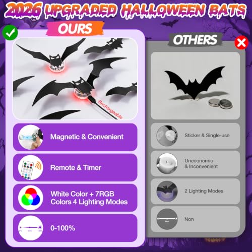 Halloween Bat Decorations Set with Rechargeable Lights - Black, 48 Bats + 12 Lights