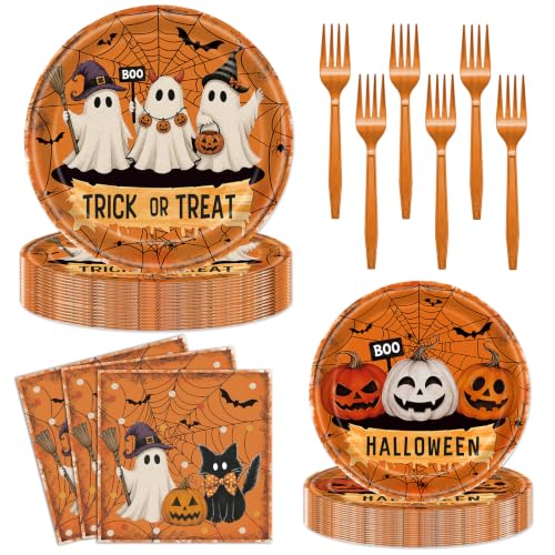 Halloween Ghost Pumpkin Disposable Plate Set - Trick or Treat Party Supplies, Serves 24 - Variation: Ghost Pumpkin