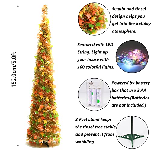 5ft Pop Up Tinsel Tree with LED Lights - Artificial Maple Fall Decor Yellow